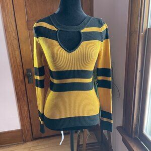Y2K Style Cutout Sweater Large Yellow Black Striped Ribbed Stretch Top
